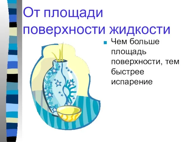 От площади поверхности жидкости Чем больше площадь поверхности, тем быстрее испарение