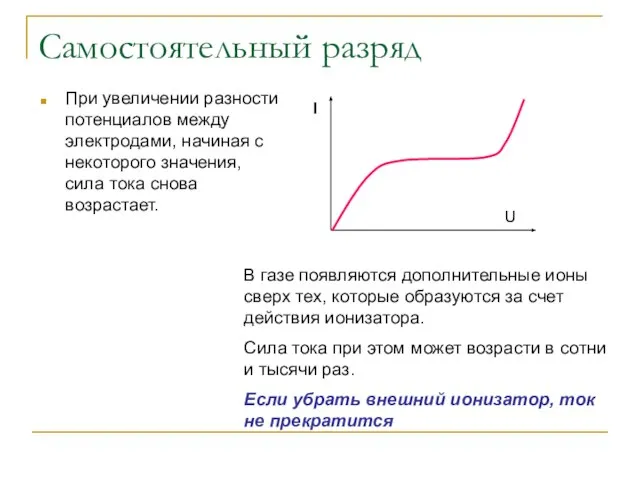 Самостоятельный разряд При увеличении разности потенциалов между электродами, начиная с некоторого значения,