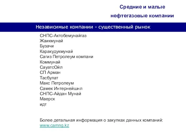 Независимые компании - существенный рынок СНПС-Актобемунайгаз Жаикмунай Бузачи Каракудукмунай Сагиз Петролеум компани