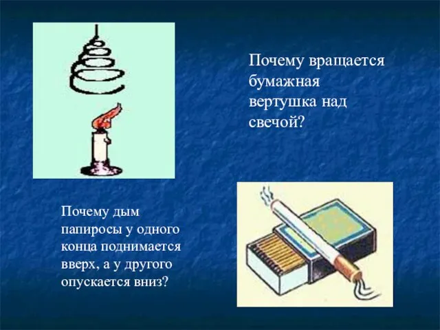 Почему вращается бумажная вертушка над свечой? Почему дым папиросы у одного конца