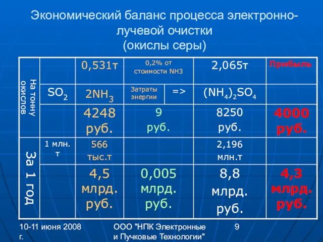 10-11 июня 2008 г. ООО "НПК Электронные и Пучковые Технологии" Экономический баланс