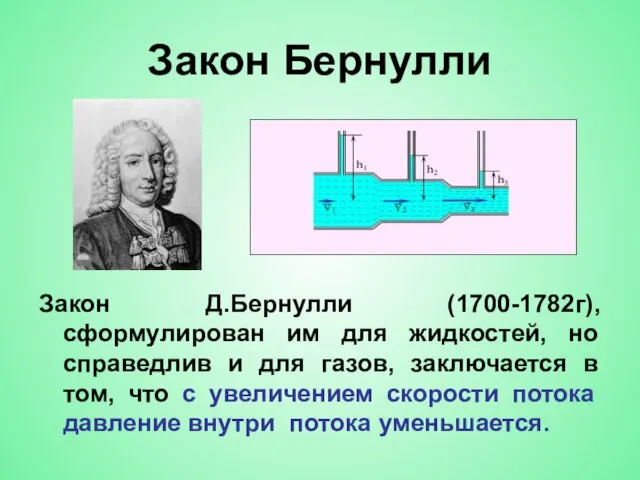 Закон Бернулли Закон Д.Бернулли (1700-1782г), сформулирован им для жидкостей, но справедлив и