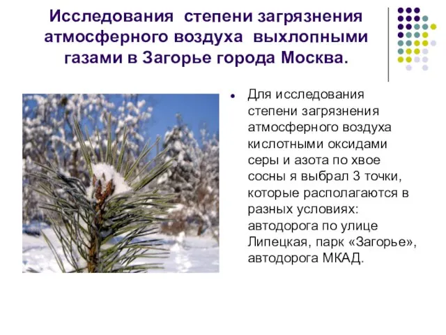 Исследования степени загрязнения атмосферного воздуха выхлопными газами в Загорье города Москва. Для