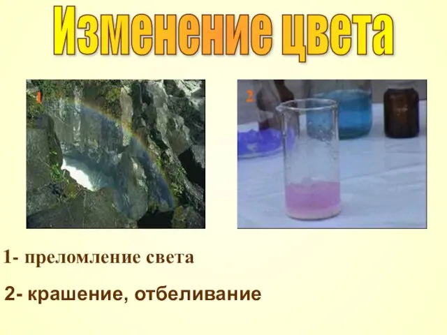 1- преломление света 2- крашение, отбеливание Изменение цвета