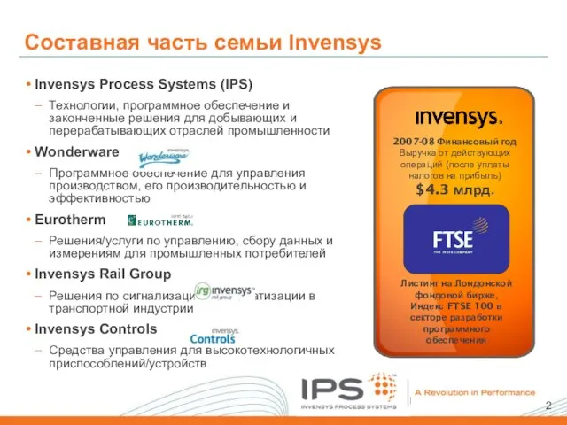 Составная часть семьи Invensys Invensys Process Systems (IPS) Технологии, программное обеспечение и