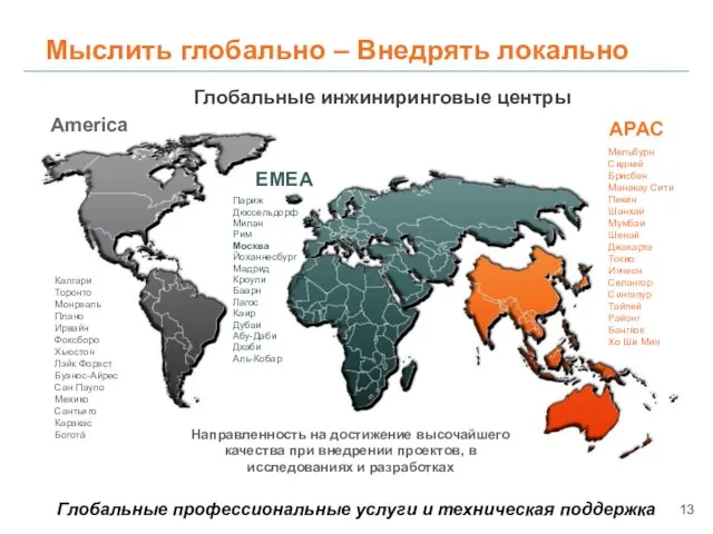 Мыслить глобально – Внедрять локально America EMEA APAC Калгари Торонто Монреаль Плано