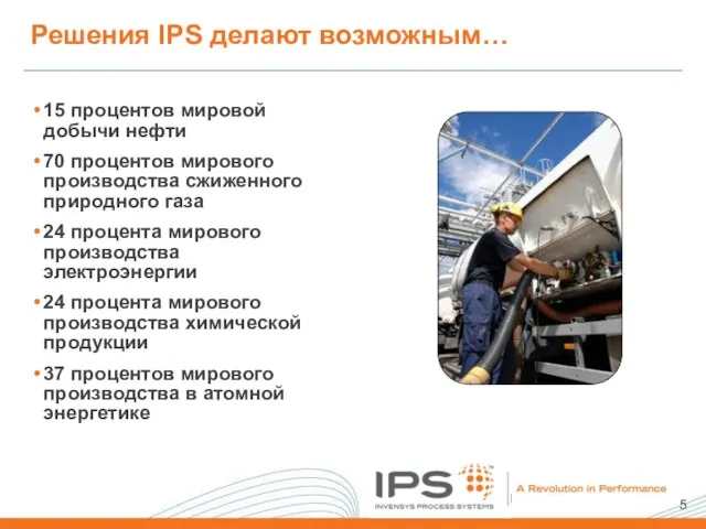 Решения IPS делают возможным… 15 процентов мировой добычи нефти 70 процентов мирового