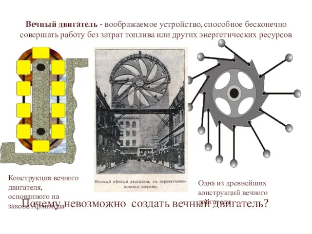 Вечный двигатель - воображаемое устройство, способное бесконечно совершать работу без затрат топлива