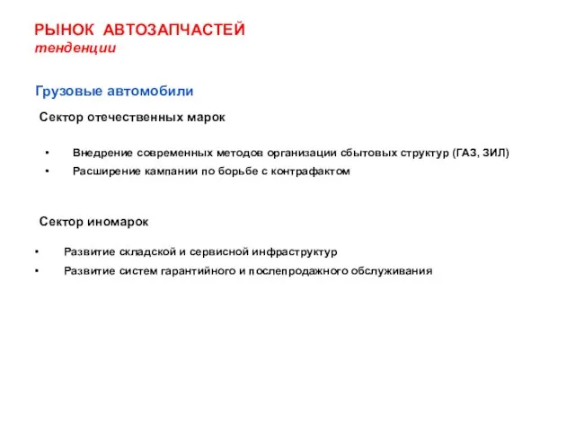 РЫНОК АВТОЗАПЧАСТЕЙ тенденции Грузовые автомобили Сектор отечественных марок Сектор иномарок Внедрение современных