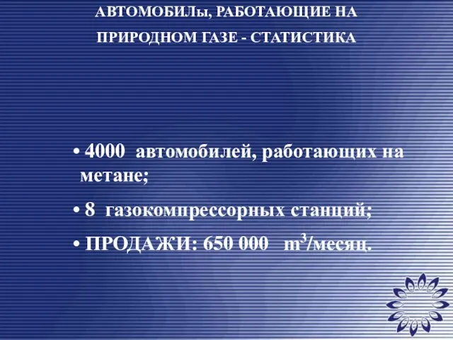 4000 автомобилей, работающих на метане; 8 газокомпрессорных станций; ПРОДАЖИ: 650 000 m3/месяц.