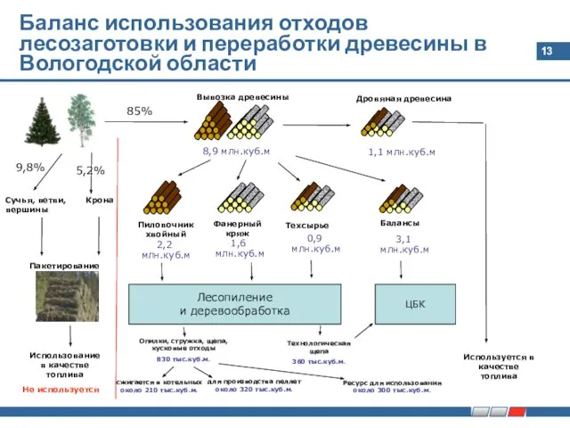 Баланс использования отходов лесозаготовки и переработки древесины в Вологодской области 85% Вывозка