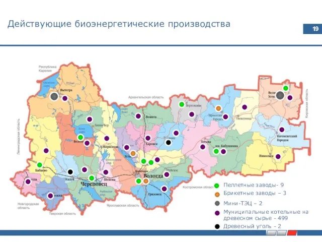 Действующие биоэнергетические производства Пеллетные заводы- 9 Брикетные заводы – 3 Мини-ТЭЦ –