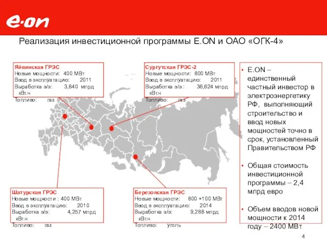 Шатурская ГРЭС Новые мощности : 400 МВт Ввод в эксплуатацию: 2010 Выработка