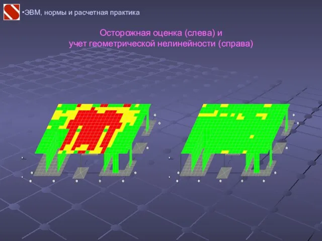 ЭВМ, нормы и расчетная практика Осторожная оценка (слева) и учет геометрической нелинейности (справа)