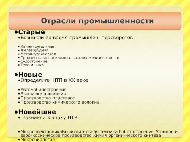 Отрасли промышленности Старые Возникли во время промышлен. переворотов Каменноугольная Железорудная Металлургическая Производство