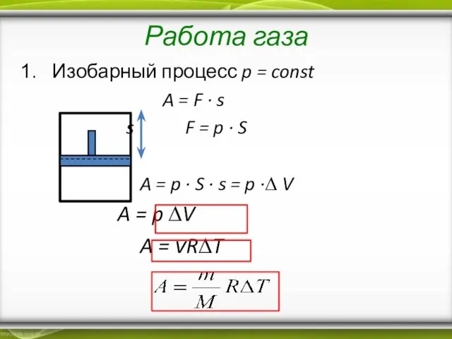 Работа газа Изобарный процесс p = const A = F ∙ s