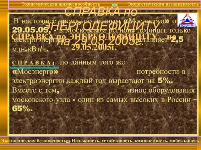 В настоящее время, по данным «Мосэнерго» от 29.05.05, - в Московском регионе