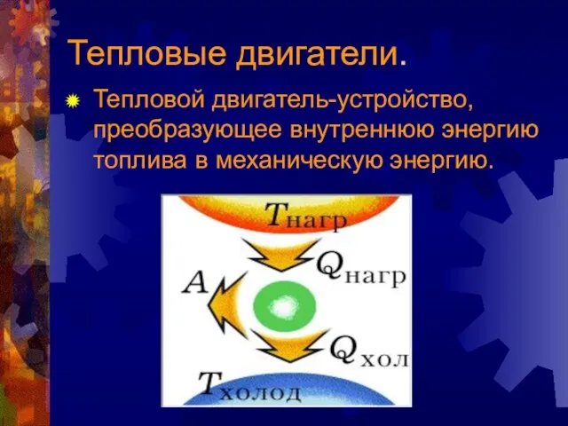 Тепловые двигатели. Тепловой двигатель-устройство, преобразующее внутреннюю энергию топлива в механическую энергию.