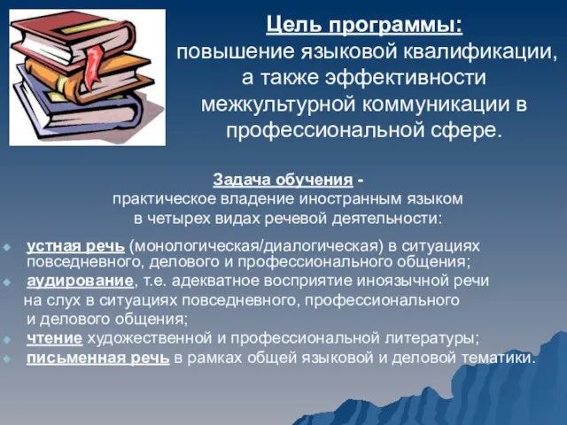 Цель программы: повышение языковой квалификации, а также эффективности межкультурной коммуникации в профессиональной