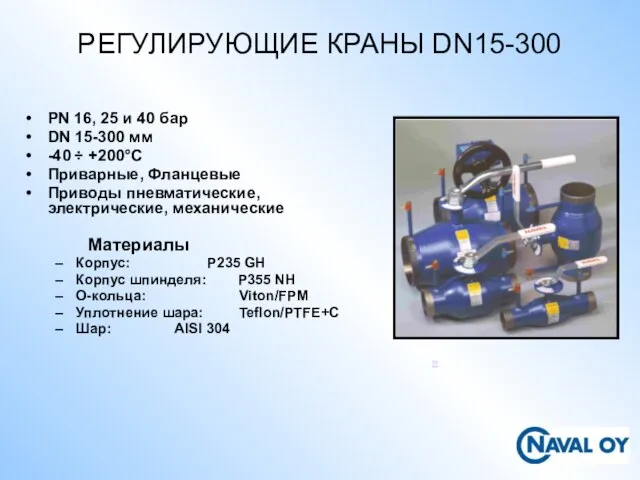 РЕГУЛИРУЮЩИЕ КРАНЫ DN15-300 PN 16, 25 и 40 бар DN 15-300 мм