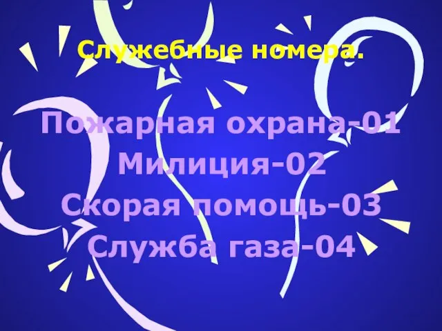 Пожарная охрана-01 Милиция-02 Скорая помощь-03 Служба газа-04 Служебные номера.