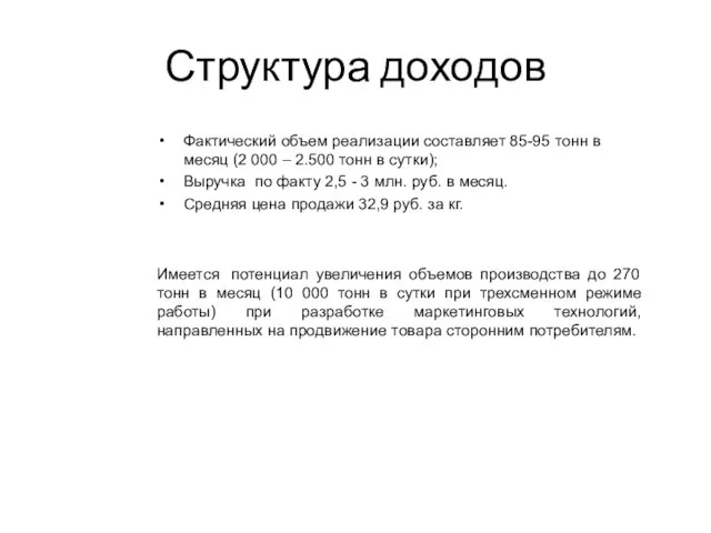 Структура доходов Фактический объем реализации составляет 85-95 тонн в месяц (2 000