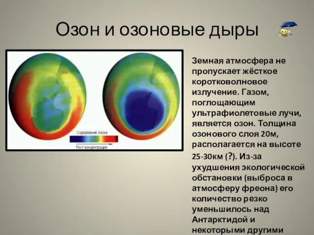 Озон и озоновые дыры Земная атмосфера не пропускает жёсткое коротковолновое излучение. Газом,