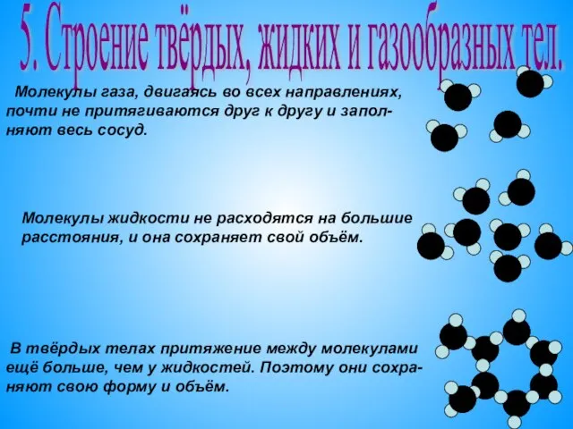 5. Строение твёрдых, жидких и газообразных тел. Молекулы газа, двигаясь во всех