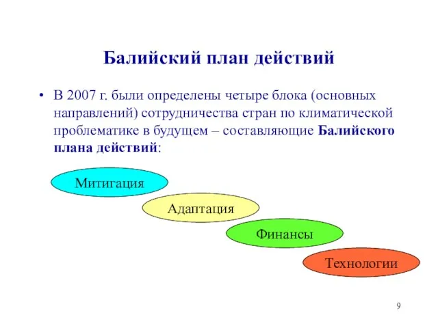 Балийский план действий В 2007 г. были определены четыре блока (основных направлений)