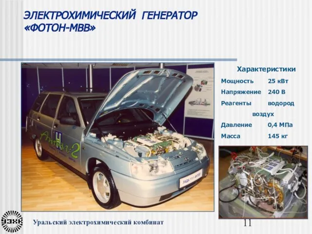 ЭЛЕКТРОХИМИЧЕСКИЙ ГЕНЕРАТОР «ФОТОН-МВВ» Характеристики Мощность 25 кВт Напряжение 240 В Реагенты водород