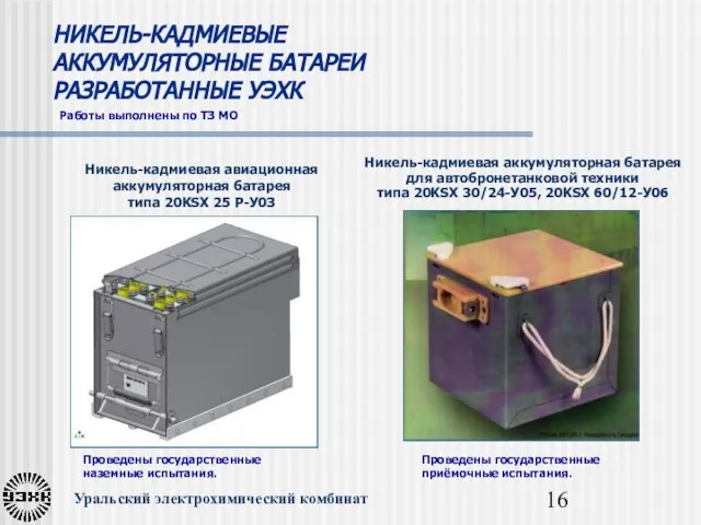 Уральский электрохимический комбинат Никель-кадмиевая авиационная аккумуляторная батарея типа 20KSX 25 Р-У0З Никель-кадмиевая