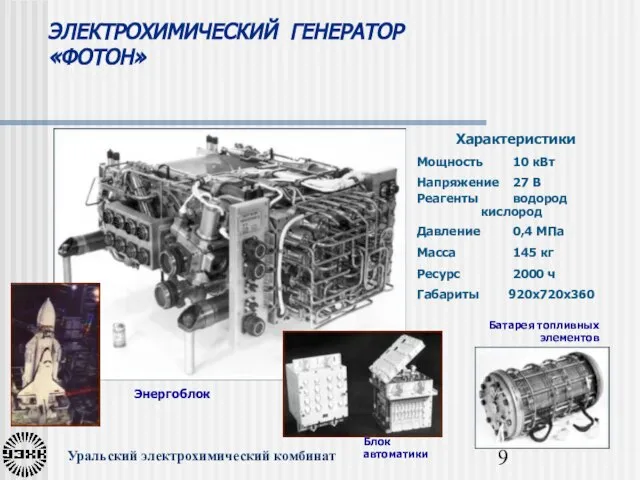 ЭЛЕКТРОХИМИЧЕСКИЙ ГЕНЕРАТОР «ФОТОН» Уральский электрохимический комбинат Характеристики Мощность 10 кВт Напряжение 27