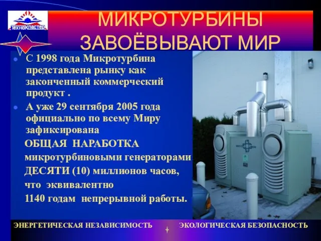 МИКРОТУРБИНЫ ЗАВОЁВЫВАЮТ МИР С 1998 года Микротурбина представлена рынку как законченный коммерческий