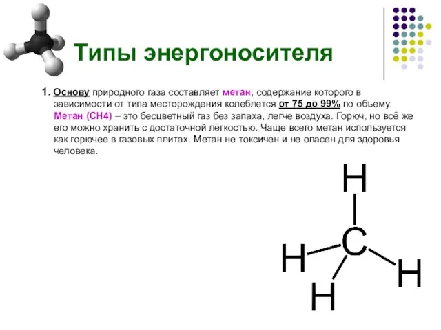 Типы энергоносителя 1. Основу природного газа составляет метан, содержание которого в зависимости