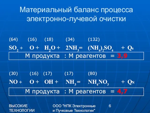 ВЫСОКИЕ ТЕХНОЛОГИИ XXI 2009 г. ООО "НПК Электронные и Пучковые Технологии" Материальный баланс процесса электронно-лучевой очистки