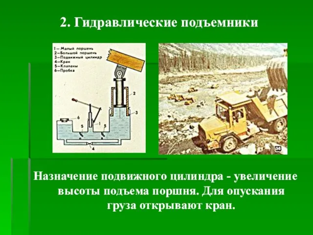 2. Гидравлические подъемники Назначение подвижного цилиндра - увеличение высоты подъема поршня. Для опускания груза открывают кран.