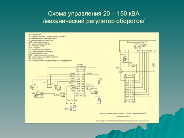 Схема управления 20 – 150 кВА /механический регулятор оборотов/
