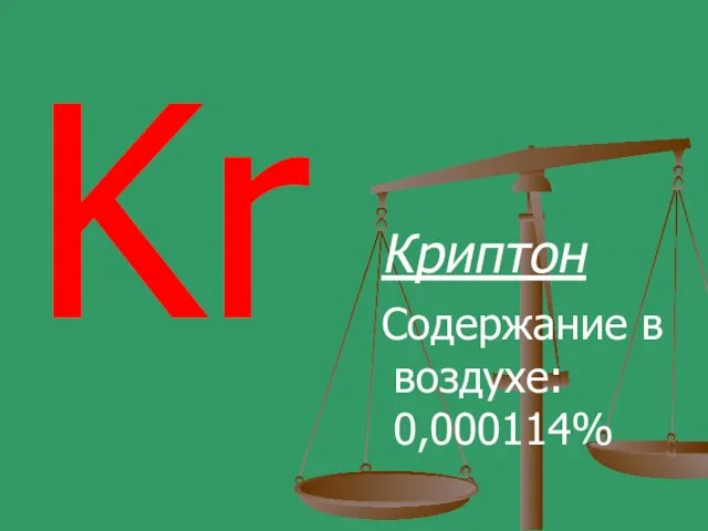 Kr Криптон Содержание в воздухе: 0,000114%