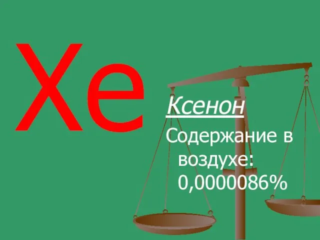 Xe Ксенон Содержание в воздухе: 0,0000086%