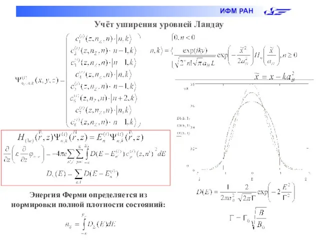 Учёт уширения уровней Ландау Энергия Ферми определяется из нормировки полной плотности состояний: