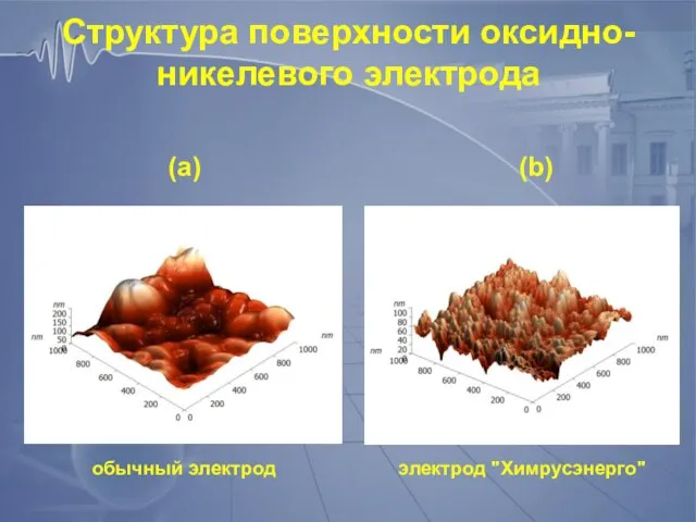 Структура поверхности оксидно-никелевого электрода обычный электрод электрод "Химрусэнерго" (а) (b)