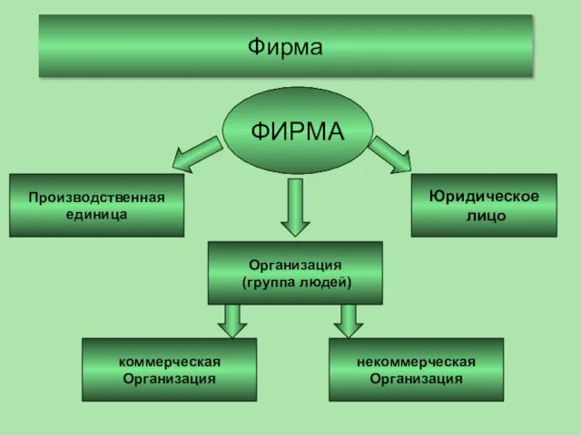 Фирма ФИРМА Производственная единица Юридическое лицо Организация (группа людей) коммерческая Организация некоммерческая Организация