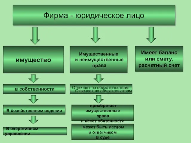 Фирма - юридическое лицо имущество Имеет баланс или смету, расчетный счет Имущественные