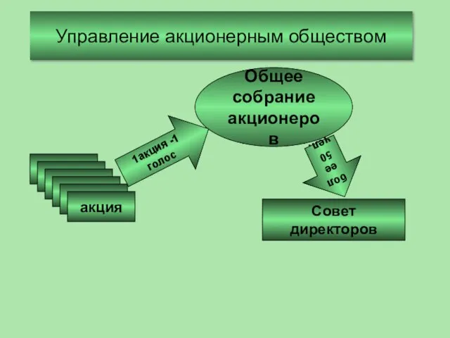 Управление акционерным обществом Общее собрание акционеров Совет директоров более 50 чел. акции