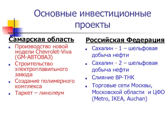 Основные инвестиционные проекты Самарская область Производство новой модели Chevrolet-Viva (GM-АВТОВАЗ) Строительство электроплавильного