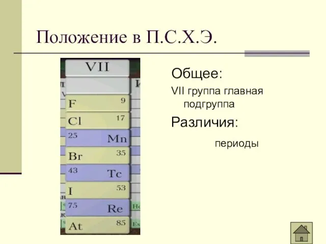 Положение в П.С.Х.Э. Общее: VII группа главная подгруппа Различия: периоды