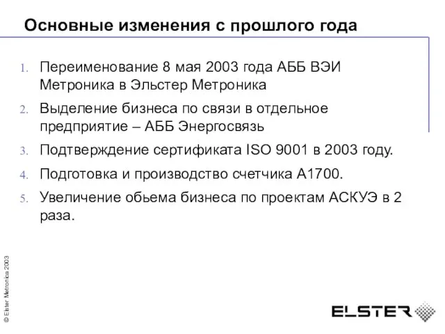 Основные изменения с прошлого года Переименование 8 мая 2003 года АББ ВЭИ