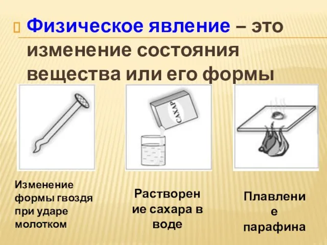 Физическое явление – это изменение состояния вещества или его формы Изменение формы