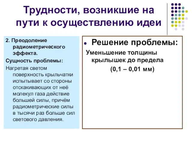 Трудности, возникшие на пути к осуществлению идеи 2. Преодоление радиометрического эффекта. Сущность