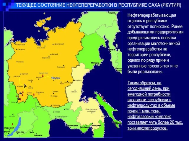 ТЕКУЩЕЕ СОСТОЯНИЕ НЕФТЕПЕРЕРАБОТКИ В РЕСПУБЛИКЕ САХА (ЯКУТИЯ) Нефтеперерабатывающая отрасль в республике отсутствует